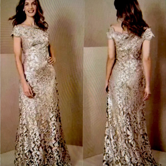 Anthropologie Tadashi Shoji Odette Off Shoulder Sequenced Champagne Gown Sz 8 - Picture 1 of 10